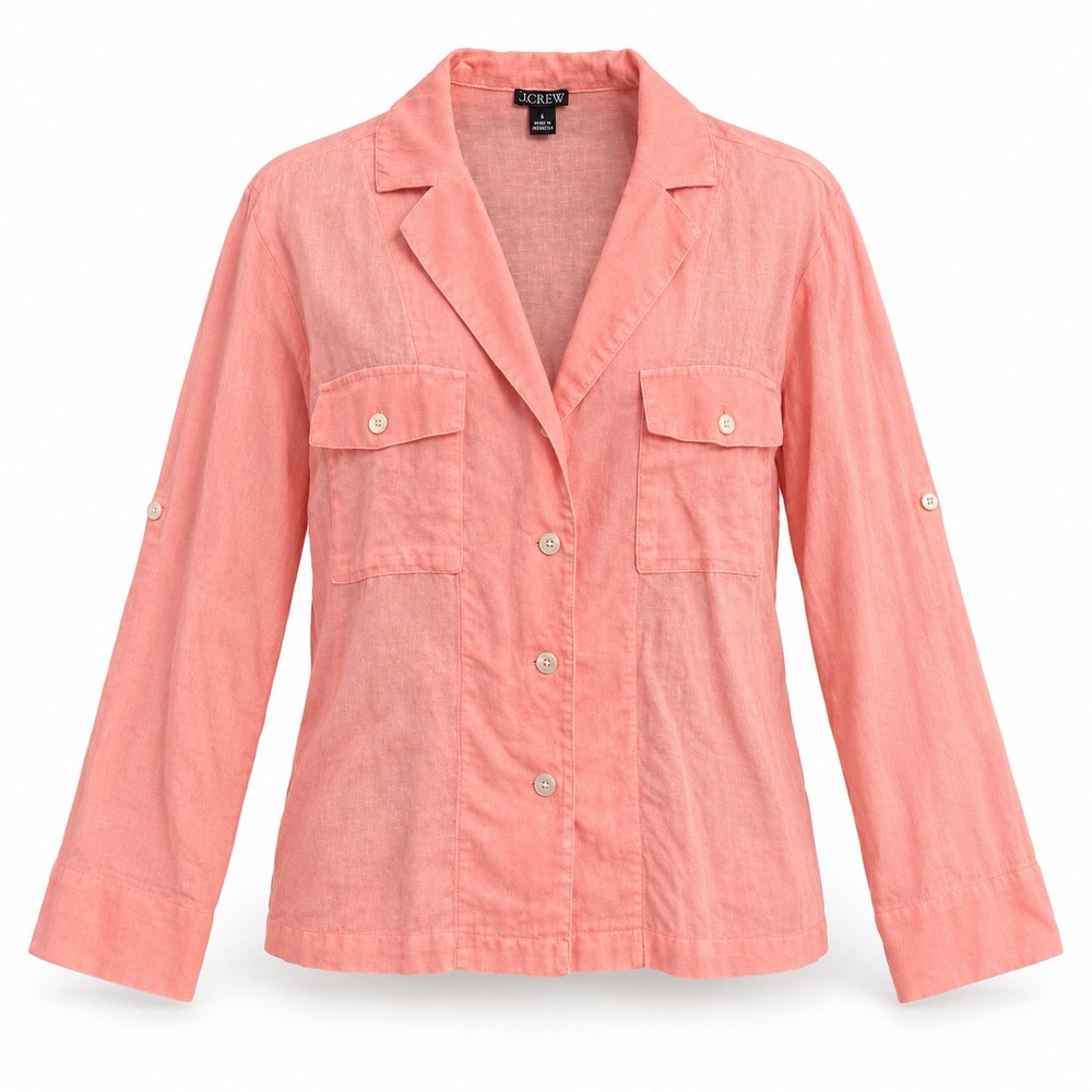 J. CREW Peony Pink Camp-Collar Shirt in Featherweight Linen Blend Sz 6 Sheer